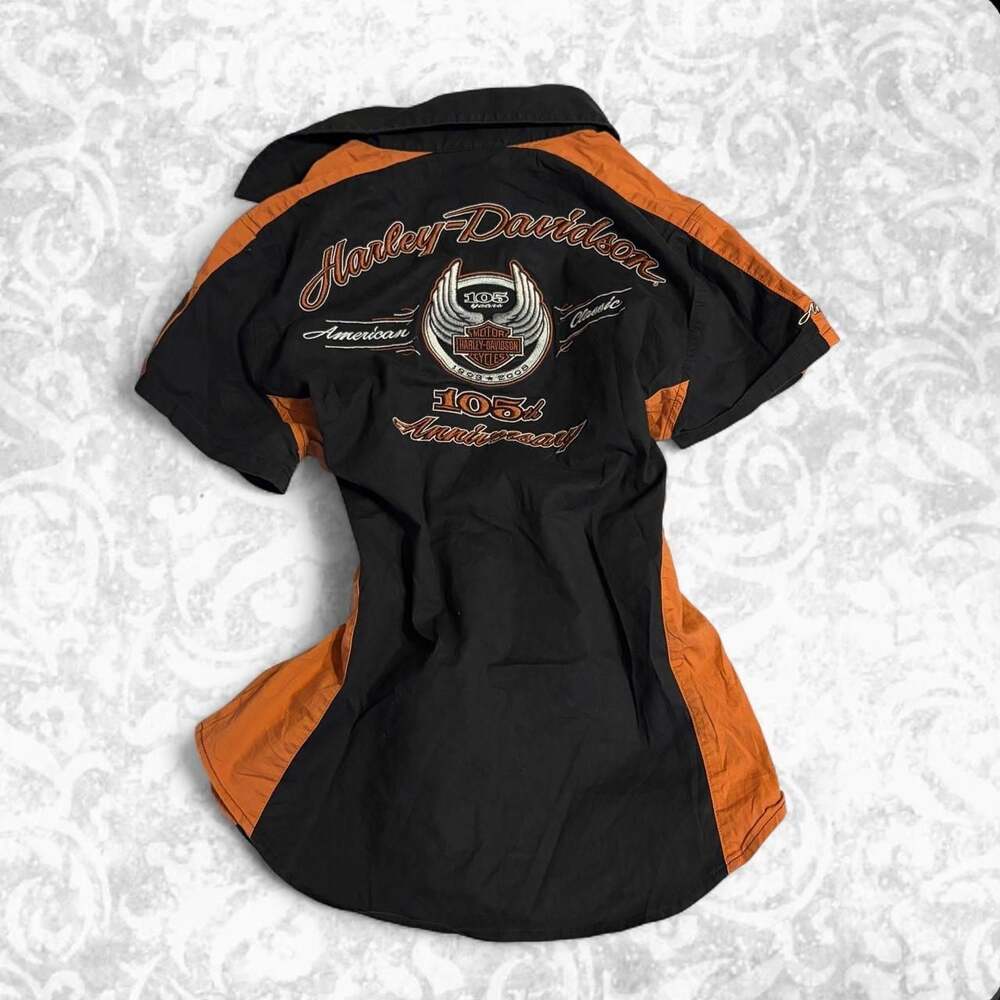 Harley-Davidson 105th Anniversary Button-Up Shirt Black Orange Size S